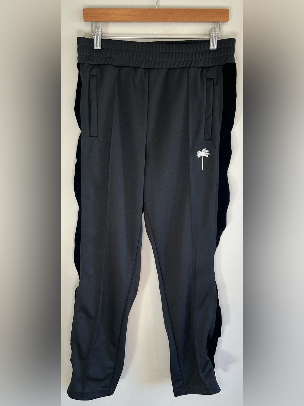 Palm Angels Rouches Track Pants Women’s L Black Velvet Side Elastic Waist Logo